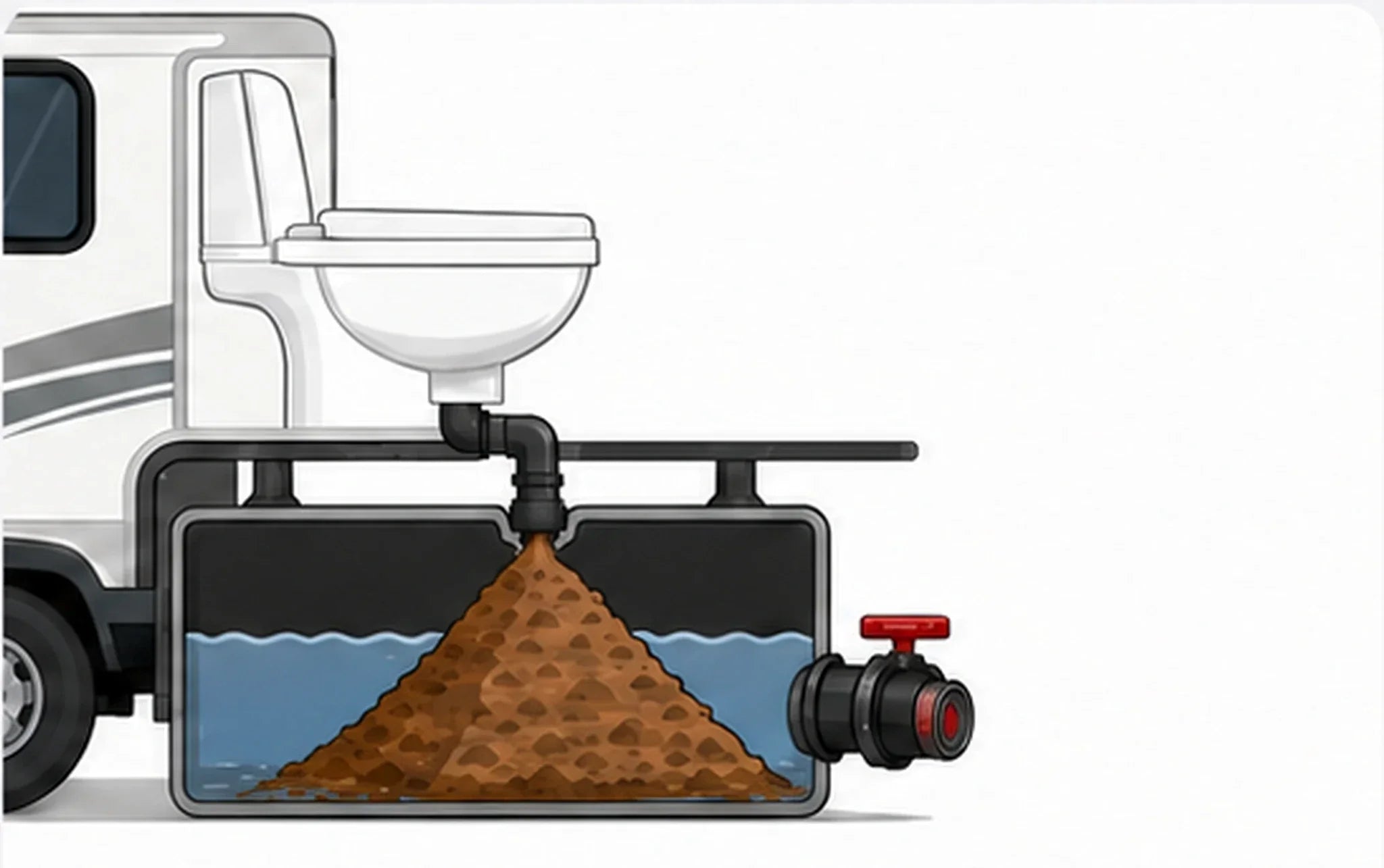 Waste buildup blocking a conventional RV black-water tank