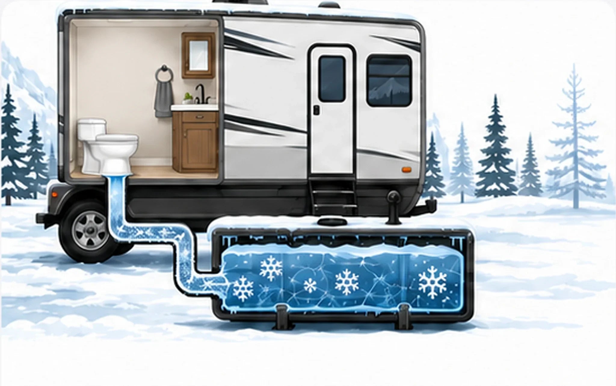 Frozen pipes and black-water tank in a conventional RV toilet system
