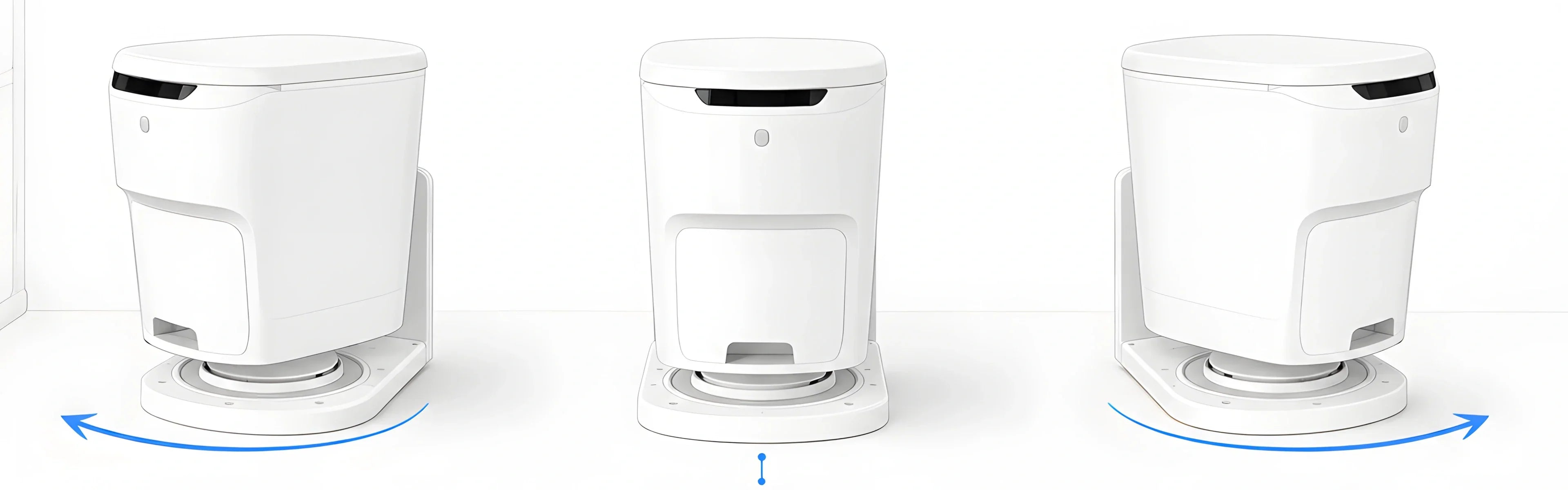 SEASEALEY S1 RV toilet shown in left, straight, and right rotation positions