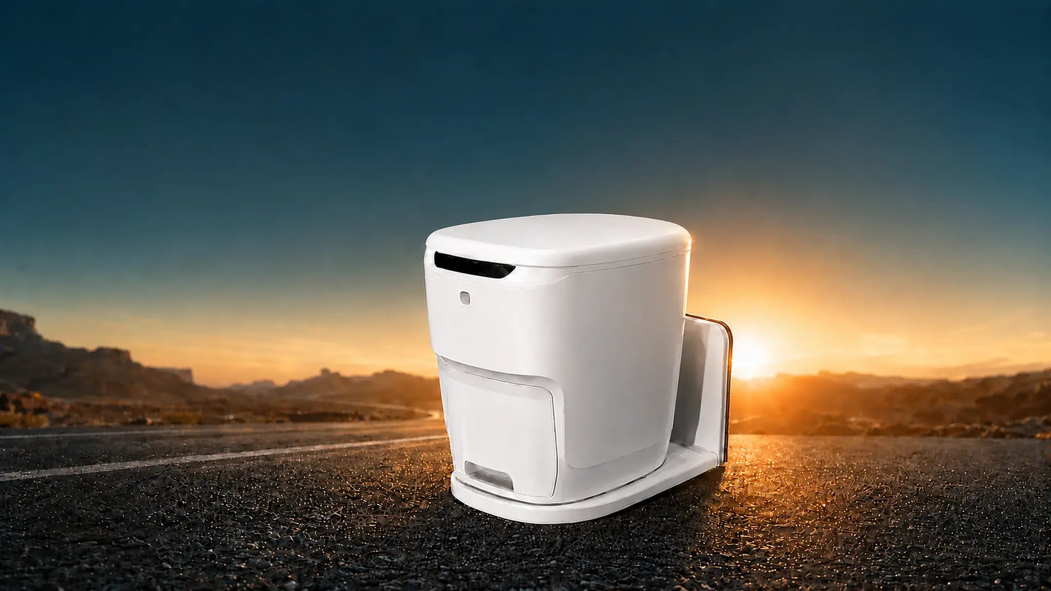 SEASEALEY Waterless RV Toilet S1 on an open road at sunset