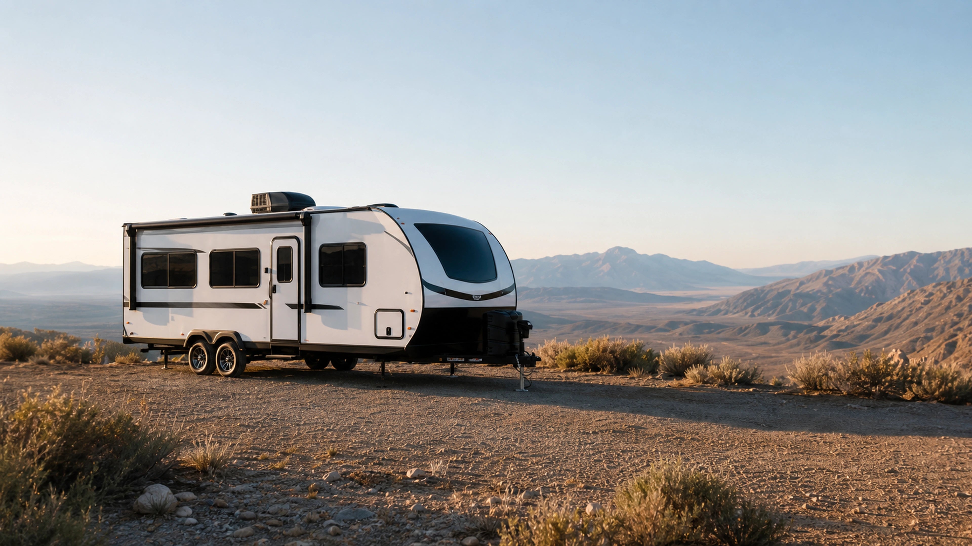 Travel trailer in a remote off-grid landscape
